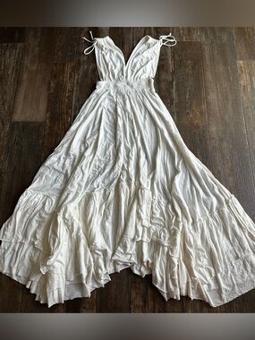 Free People Beach Ethereal Cottage Prairie White Maxi Ruffle Boho Dress Sz S